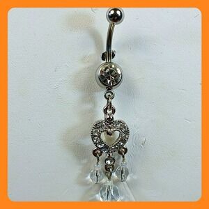 Vintage 90s 316L Surgical Steel 14G Rhinestone Heart Dangle Belly Button Ring